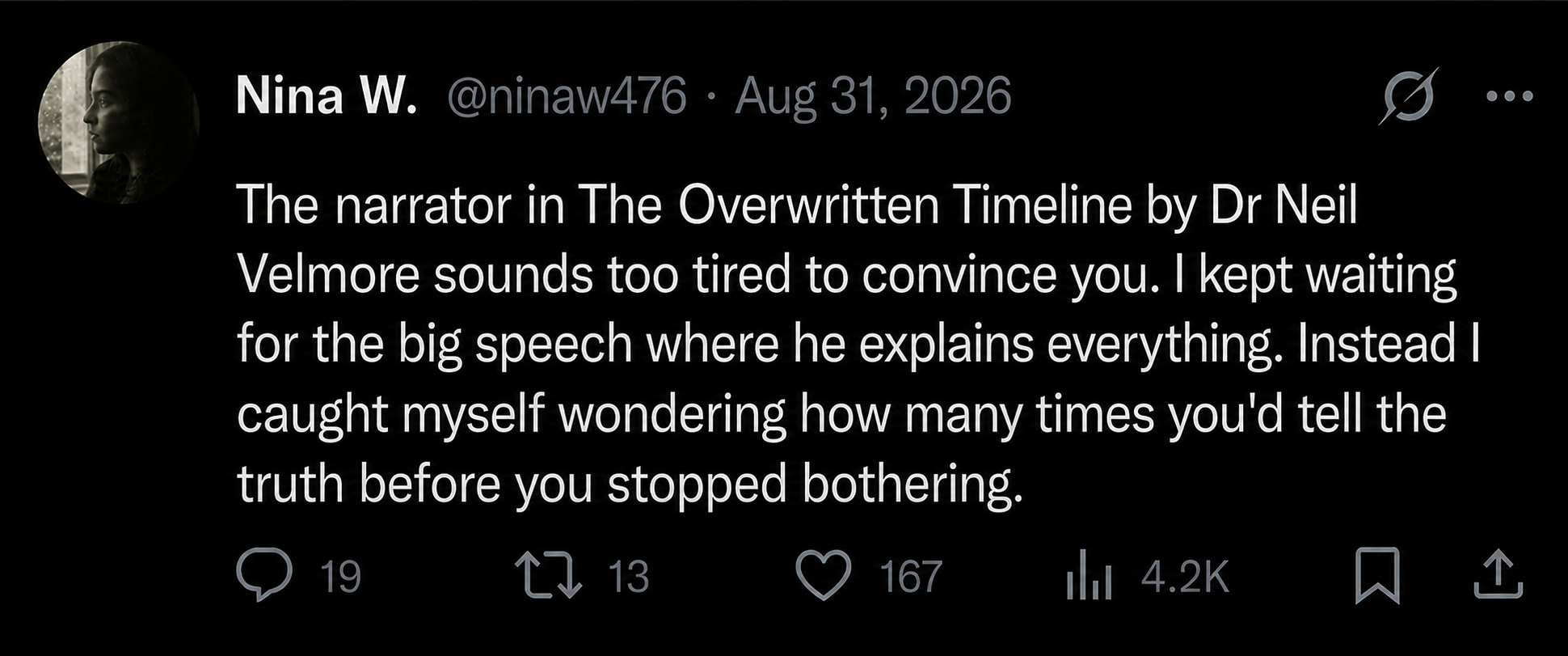 Testimonial by Nina W. about The Overwritten Timeline.