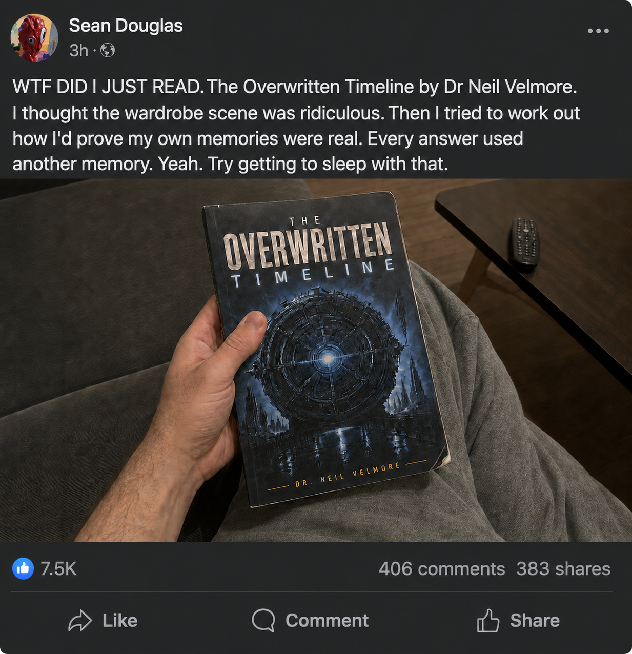 Testimonial by Sean Douglas about The Overwritten Timeline with a photograph of the book.
