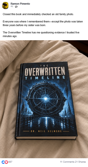 Testimonial by Ramon Pimento about The Overwritten Timeline with a photograph of the book.